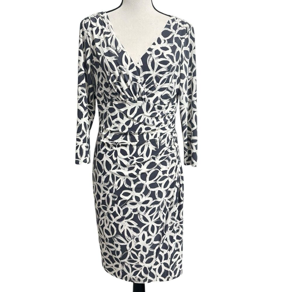 Lauren Ralph Lauren Faux Wrap Dress Sz 8 Gray Ivory Ruched 3/4 Sleeves
